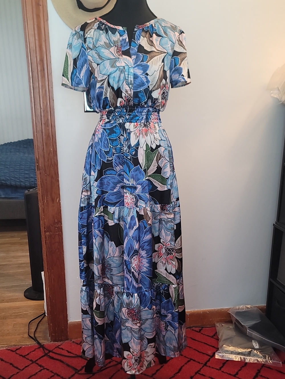 Nicole Miller Blue Floral Maxi Dress with Black & Green Accents Size XS